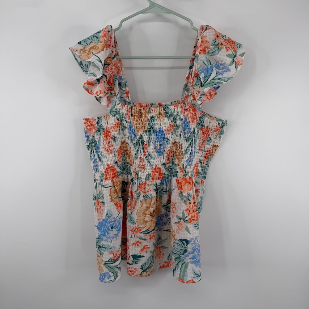 LOFT Floral Smocked Peplum Top Womens Size Medium Multicolor Ruffle Sleeve